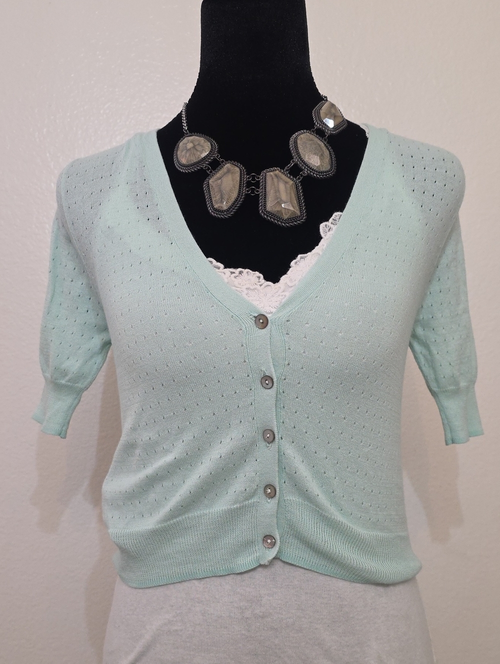 Mango Mint Short-Sleeve V-Neck Button Cardigan